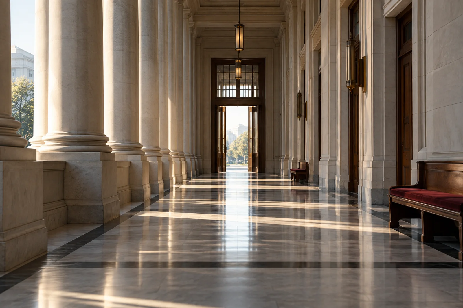 Sunlight along a courthouse corridor.
