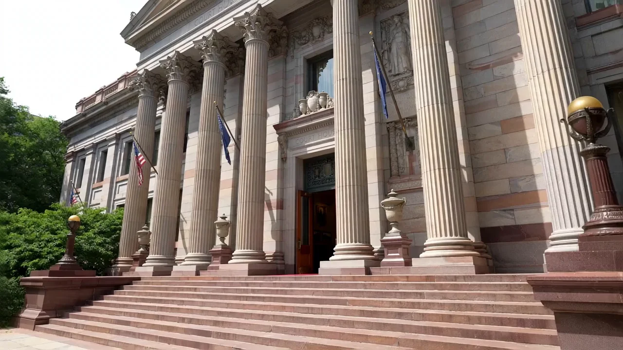 Courthouse columns and steps at the beginning of a journey into a law library.