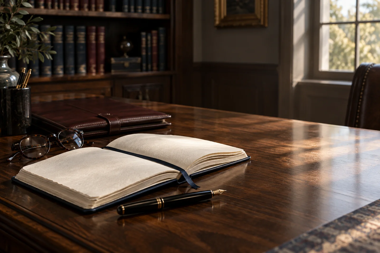 A notebook and pen arranged on a legal desk.